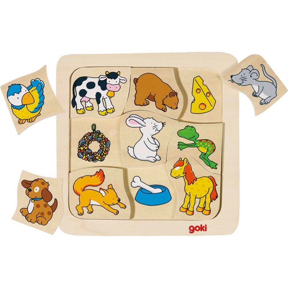 Puzzle in legno con animali e cibo. Forma quadrata, 9 pezzi e cornice. Logo Goki in basso a destra.