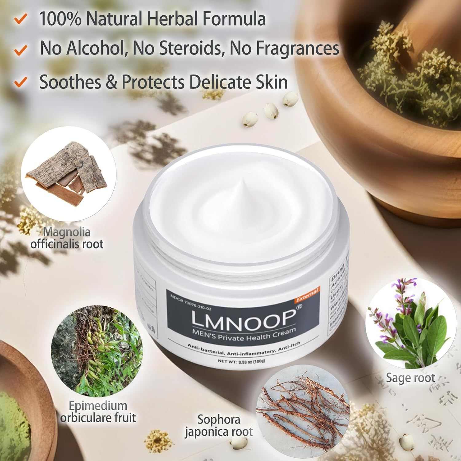 Vasetto di crema bianco. Testo: "LMNOOP MEN'S Private Health Cream". Testo: Formula erboristica naturale al 100%, senza alcol, steroidi, profumi.