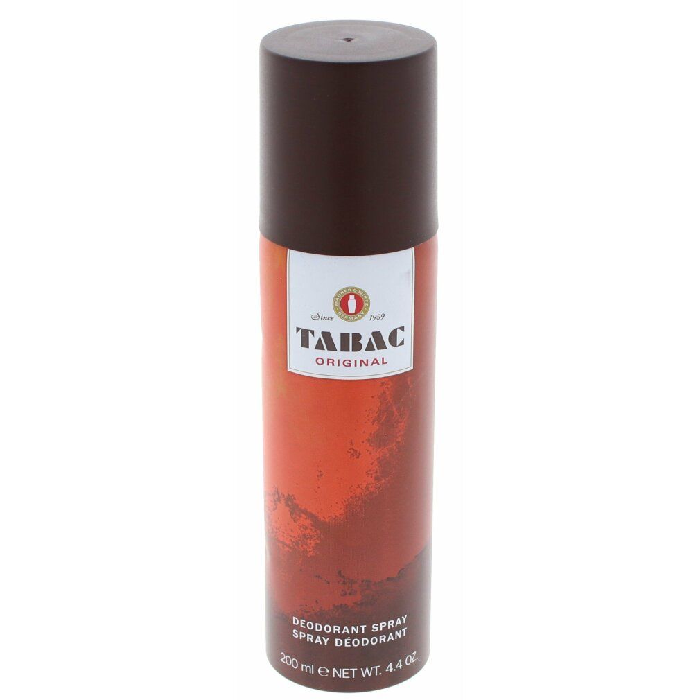 Spray deodorante con tappo marrone ed etichetta. Scritta: TABAC ORIGINAL. Sotto: Spray deodorante, 200 ml.