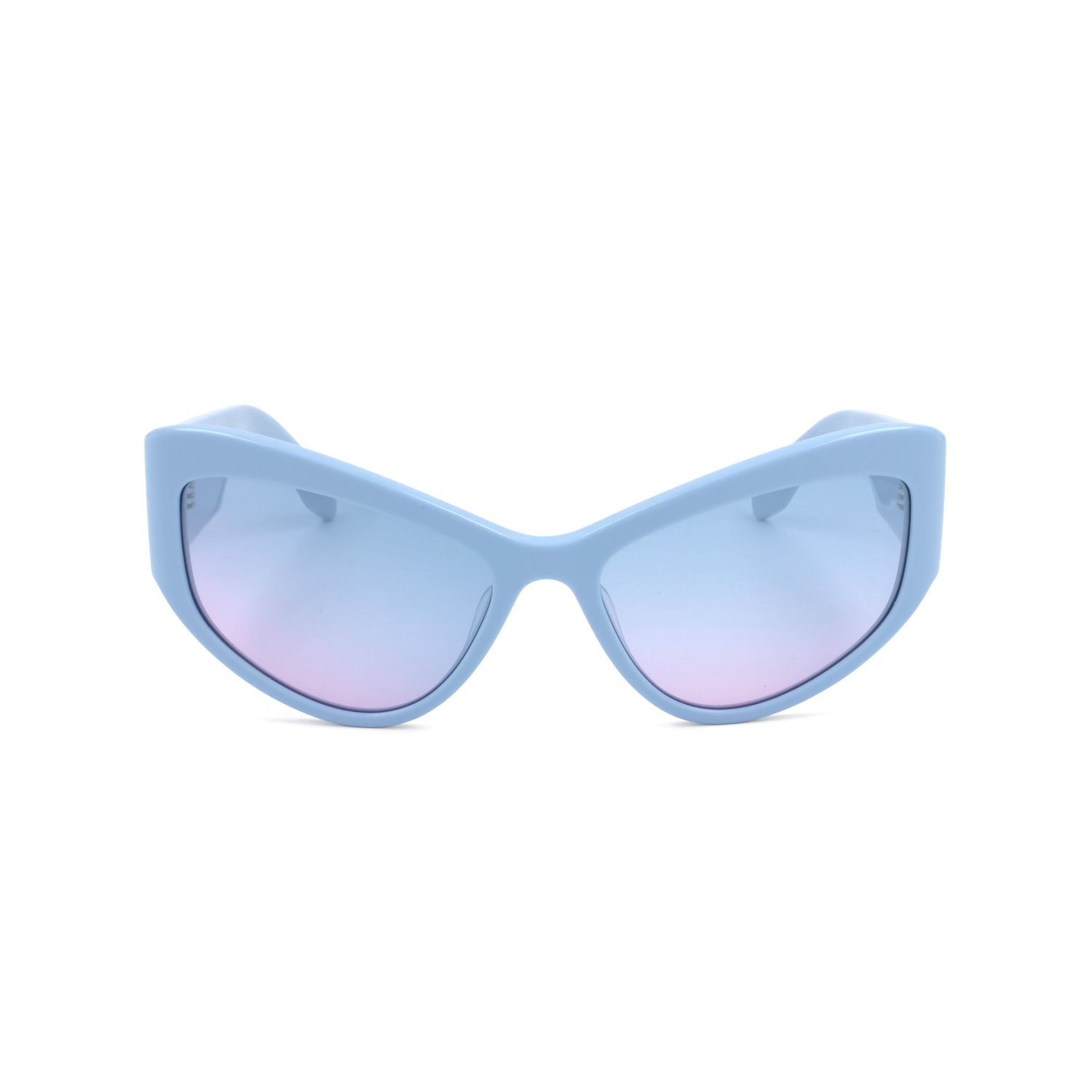 Occhiali da sole blu con montatura audace e lenti rosa.