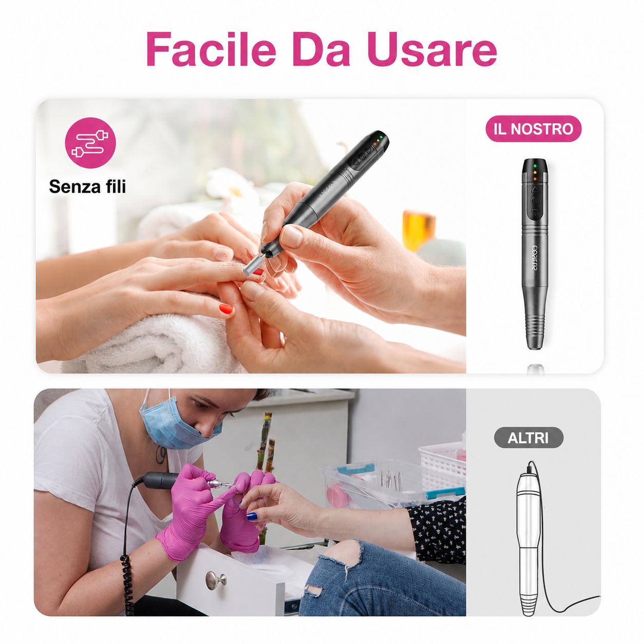 Strumento per manicure senza fili in uso. Due mani lavorano sulle unghie. Confronto con un altro modello.
