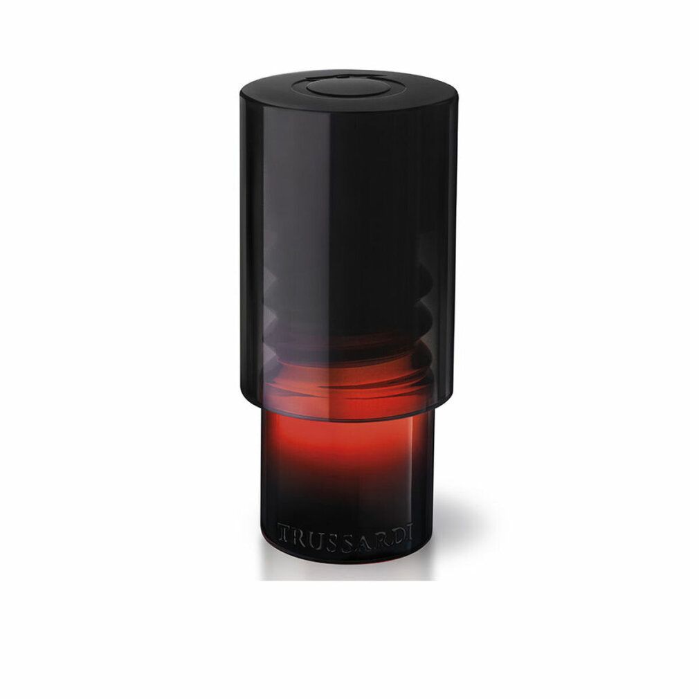 Flacone cilindrico nero e rosso. In basso, la scritta "TRUSSARDI".