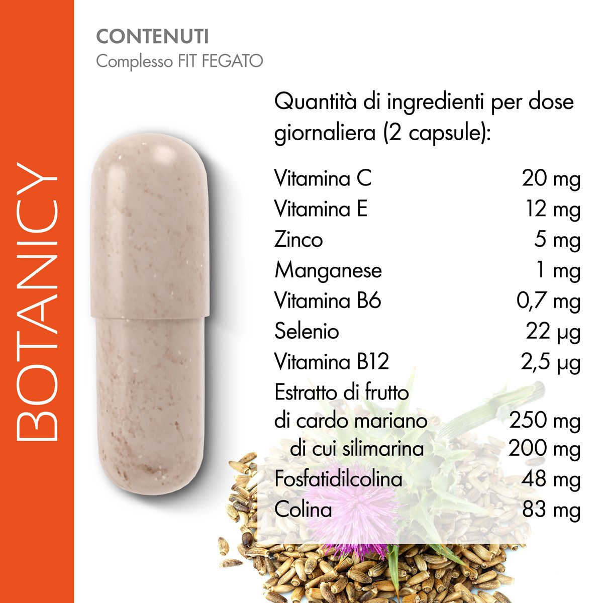 Tabella nutrizionale per Botanicy Complesso FIT FEGATO. Ingredienti per dose giornaliera (2 capsule): vitamine, minerali, estratti.
