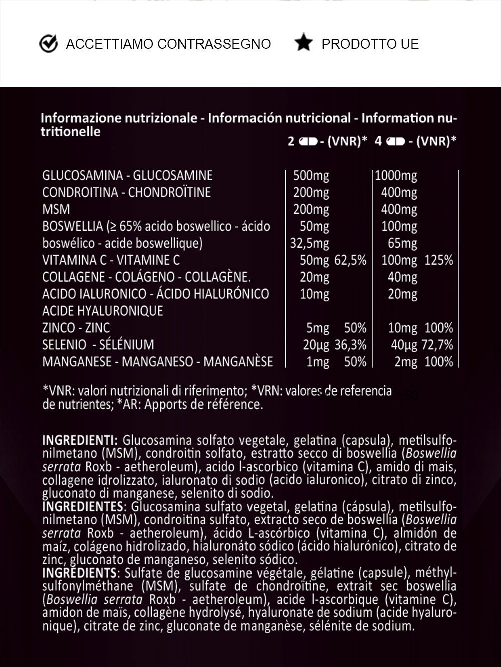 Tabella nutrizionale di ArtiFlex Forte. Contiene glucosamina, condroitina, MSM, boswellia, vitamina C, acido ialuronico, zinco, selenio.