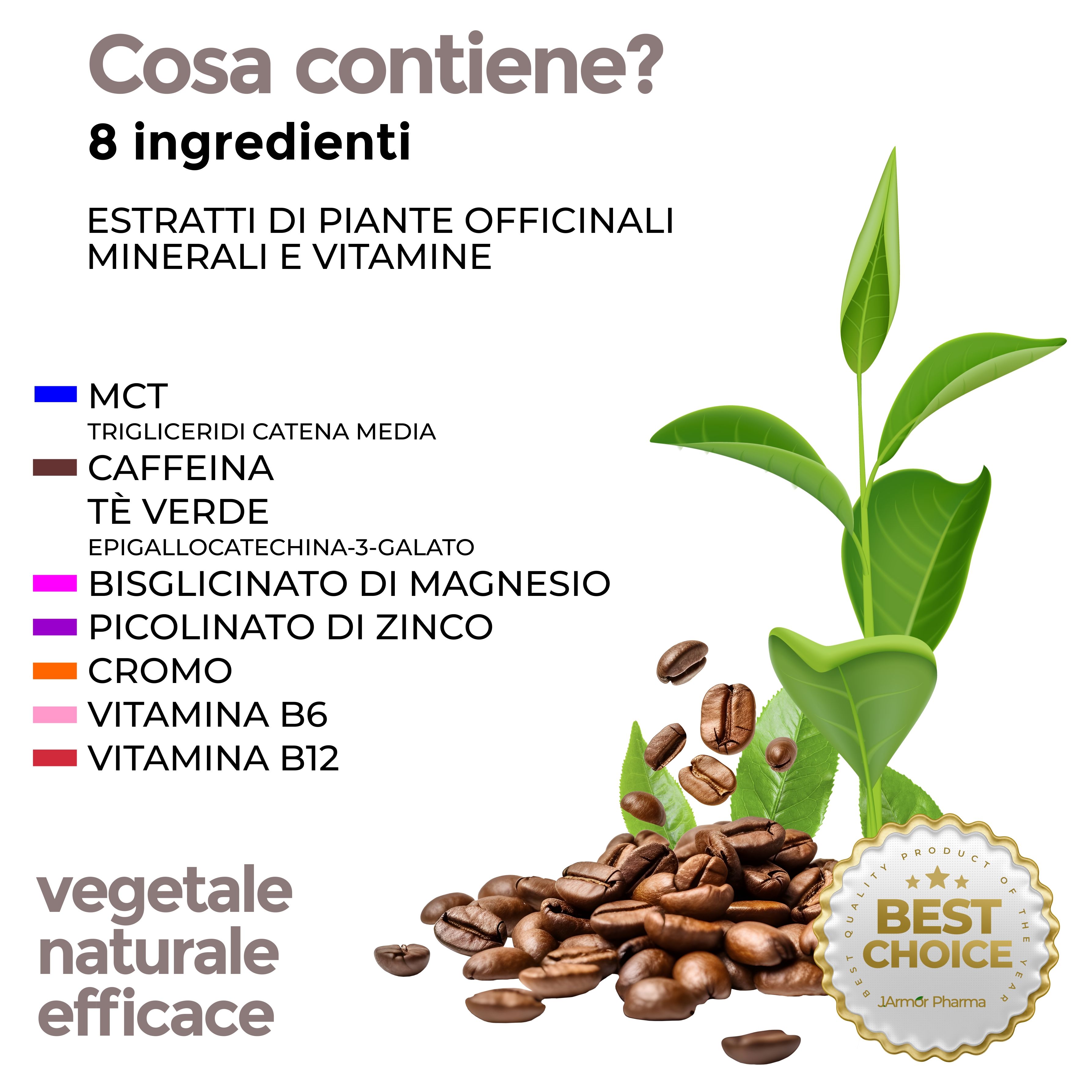 Chicchi di caffè, foglie di tè e ingredienti. Testo: 8 ingredienti, MCT, caffeina, tè verde, magnesio, zinco, cromo, vitamine.