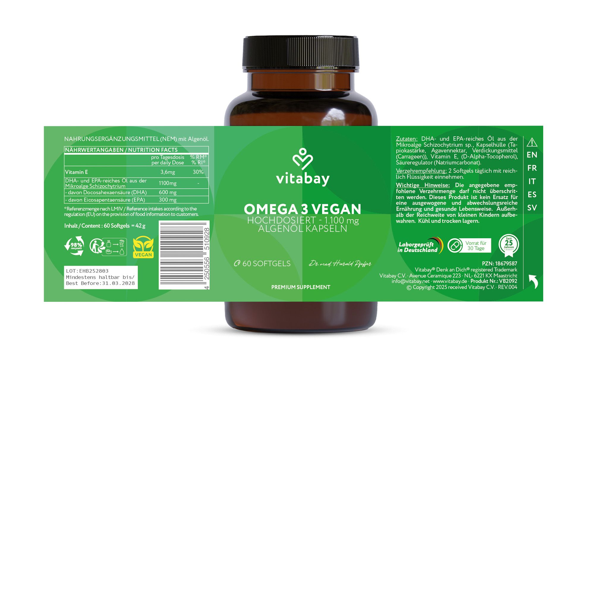 Bottiglia marrone con etichetta verde. Testo: Omega 3 Vegan, 1100 mg, capsule di olio di alghe, 60 softgels. Informazioni nutrizionali.