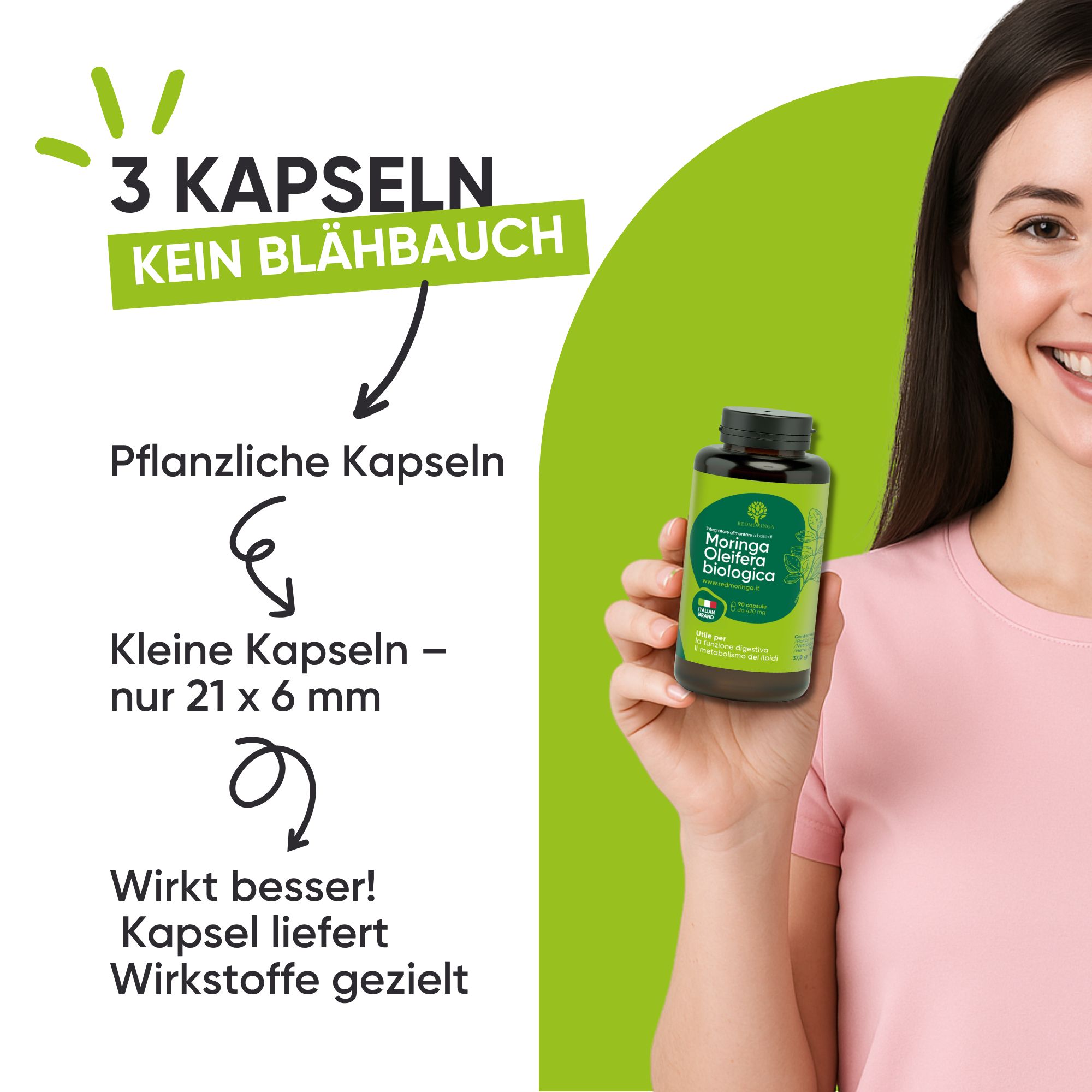 Donna tiene flacone di capsule Moringa Oleifera, capsule vegetali, 21x6 mm.