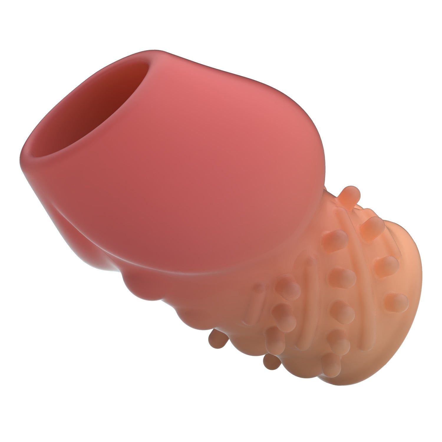 Prodotto cilindrico bicolore, rosa e beige. Superficie con borchie e protuberanze. Apertura superiore inclinata.