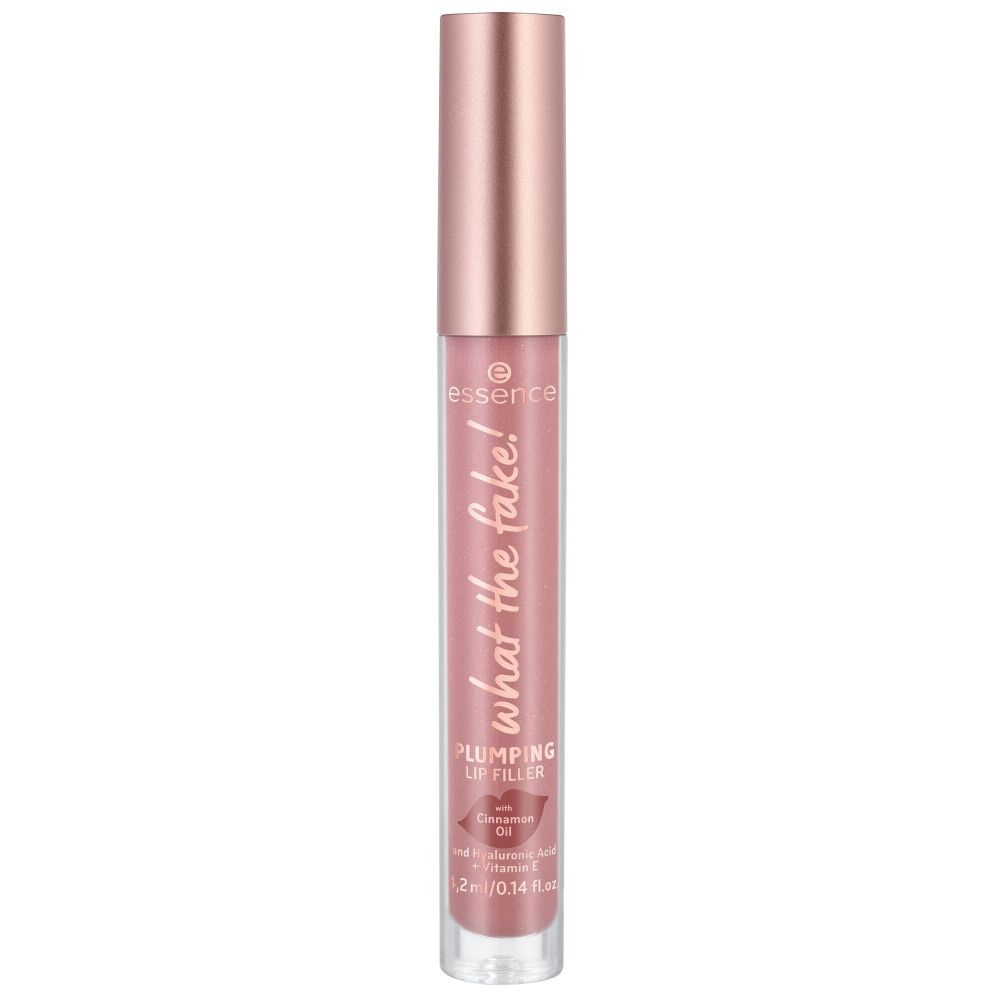 Lucidalabbra volumizzante. Tubo rosa con tappo oro rosa. Scritta: What the Fake!, Plumping Lip Filler.