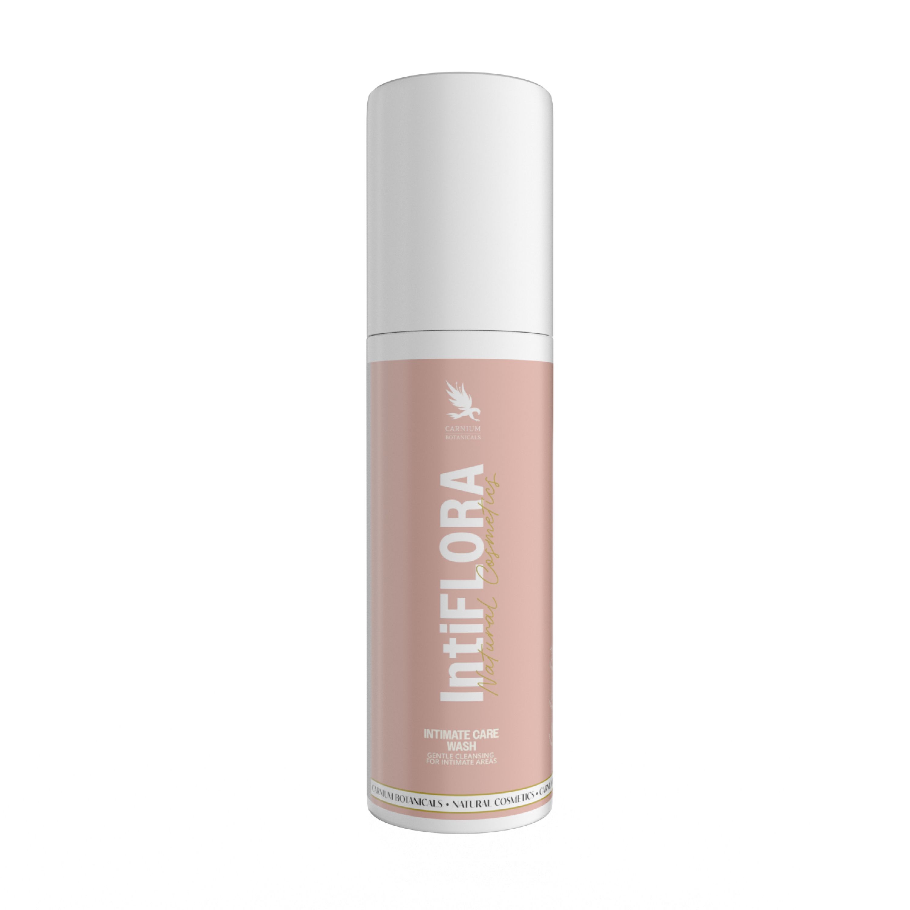 Flacone IntiFLORA Intimate Care Wash. Flacone rosa con tappo bianco e pompa dosatrice, su sfondo chiaro.