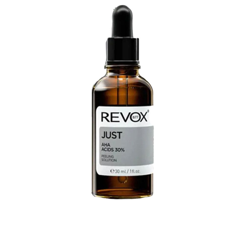 Flacone di vetro marrone con contagocce nero. Etichetta "Revox Just AHA Acids 30% Peeling Solution".