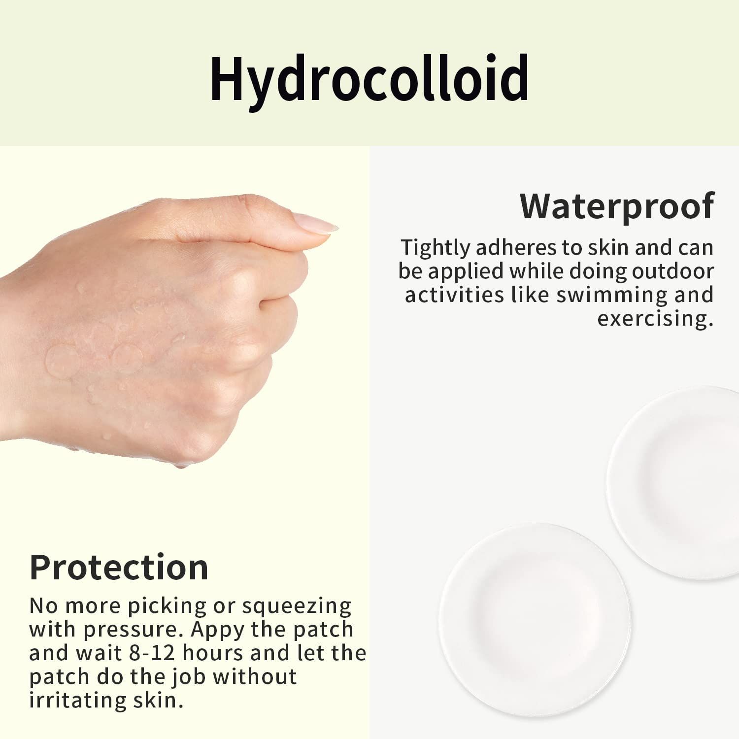 Mano con due cerotti rotondi. Testo: Idrocolloide, impermeabile, protezione.