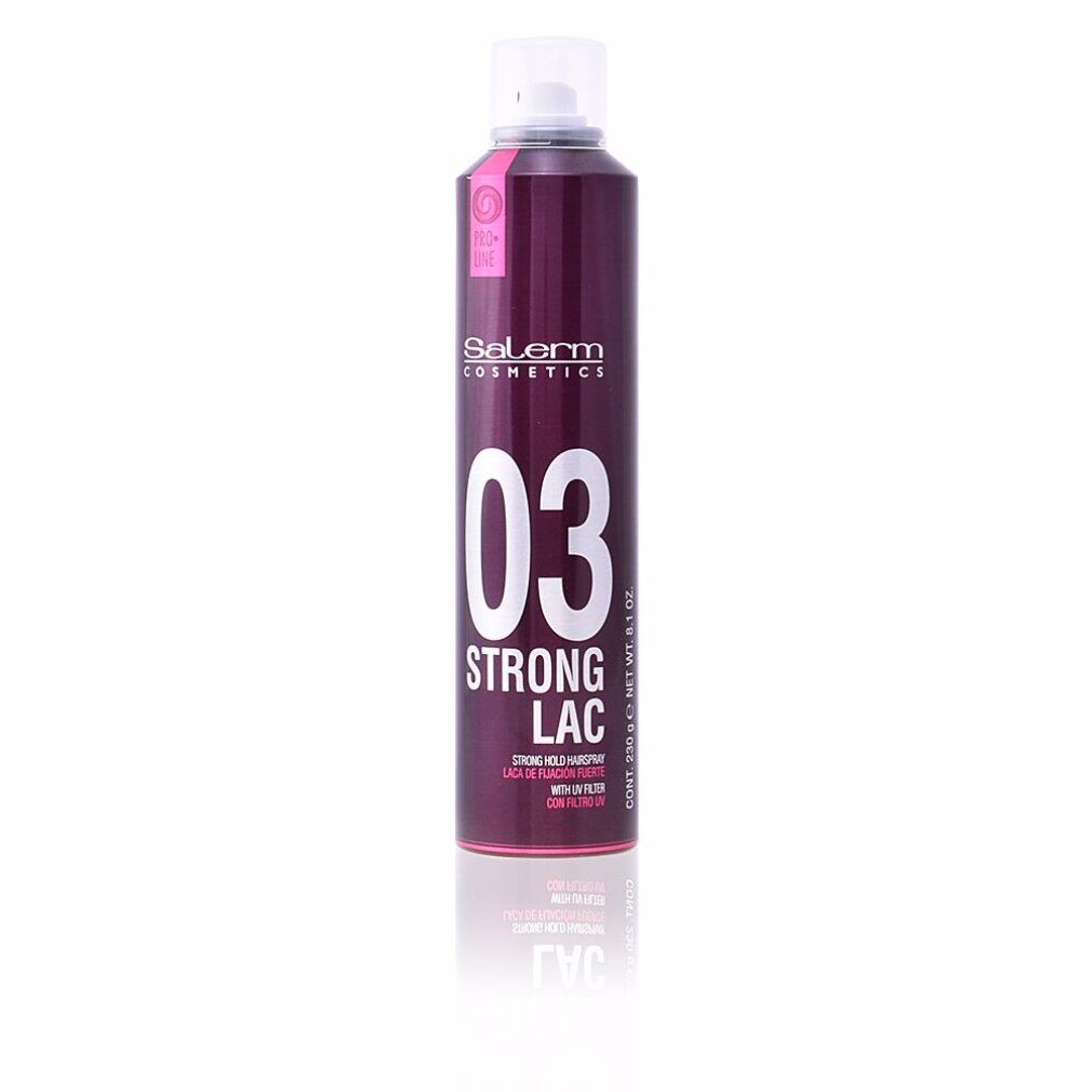 Bomboletta spray per capelli. Marchio Salerm Cosmetics. Scritta "03 Strong Lac". Colori rosa e bianco. Con erogatore.