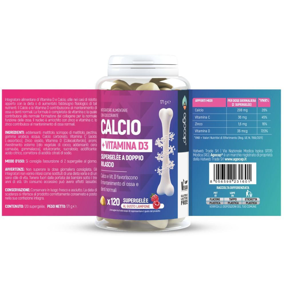 Integratore a base di Calcio + Vitamina D3 - Supporto Ossa e Articolazioni - 120 supergelèe - Agocap