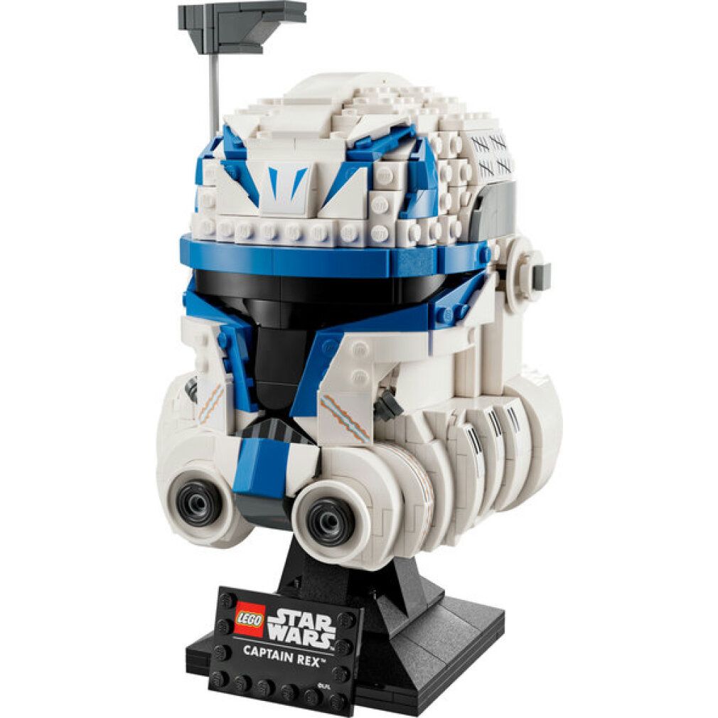 LEGO Star Wars Casco Captain Rex. Modello bianco-blu su supporto. Vista dettagliata. Logo e testo.