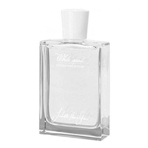 Flacone di profumo. Vetro bianco, tappo bianco. Scritta "White spirit" e "Juliette Has A Gun".