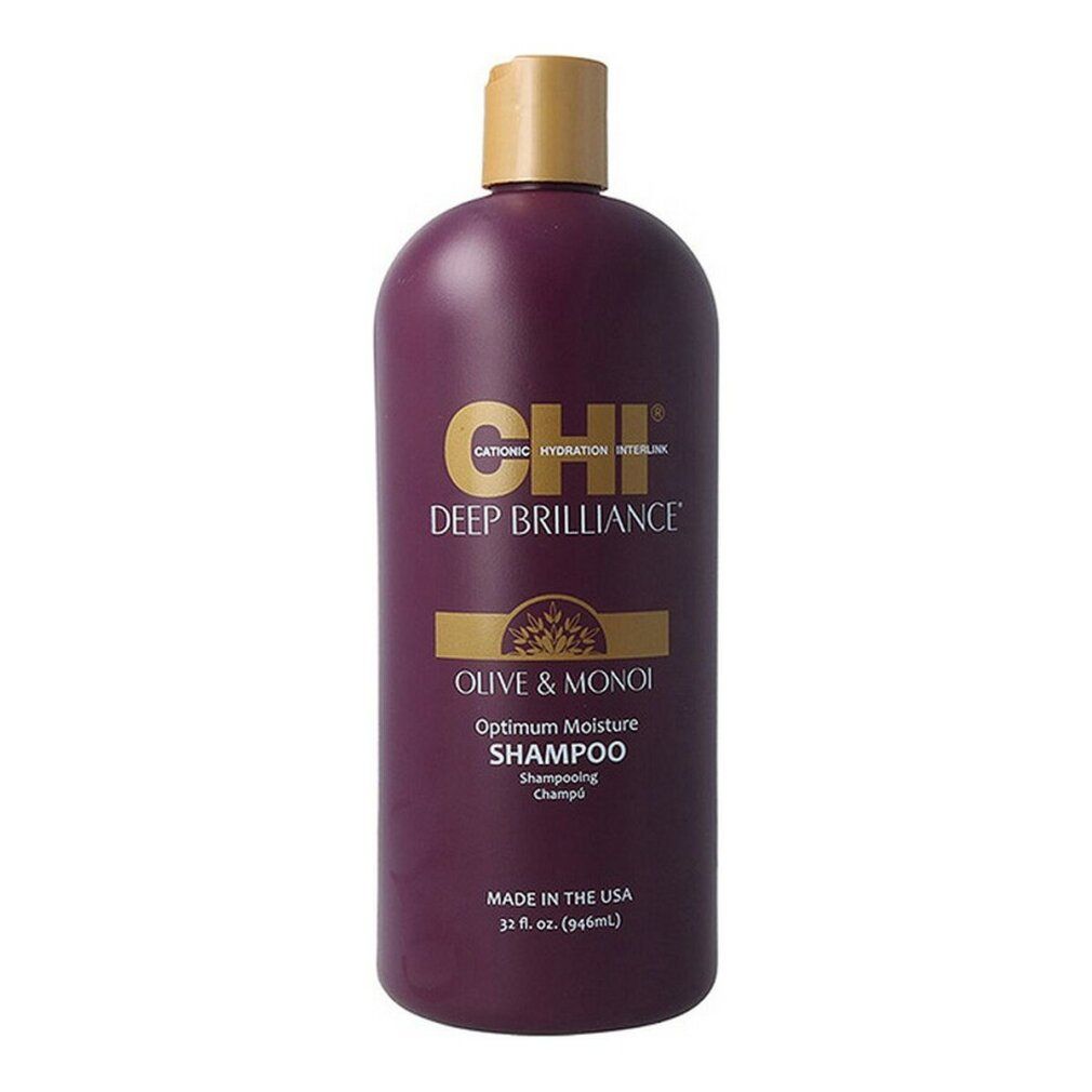 Flacone di shampoo bordeaux con tappo dorato. Scritta: CHI DEEP BRILLIANCE OLIVE & MONOI OPTIMUM MOISTURE SHAMPOO.