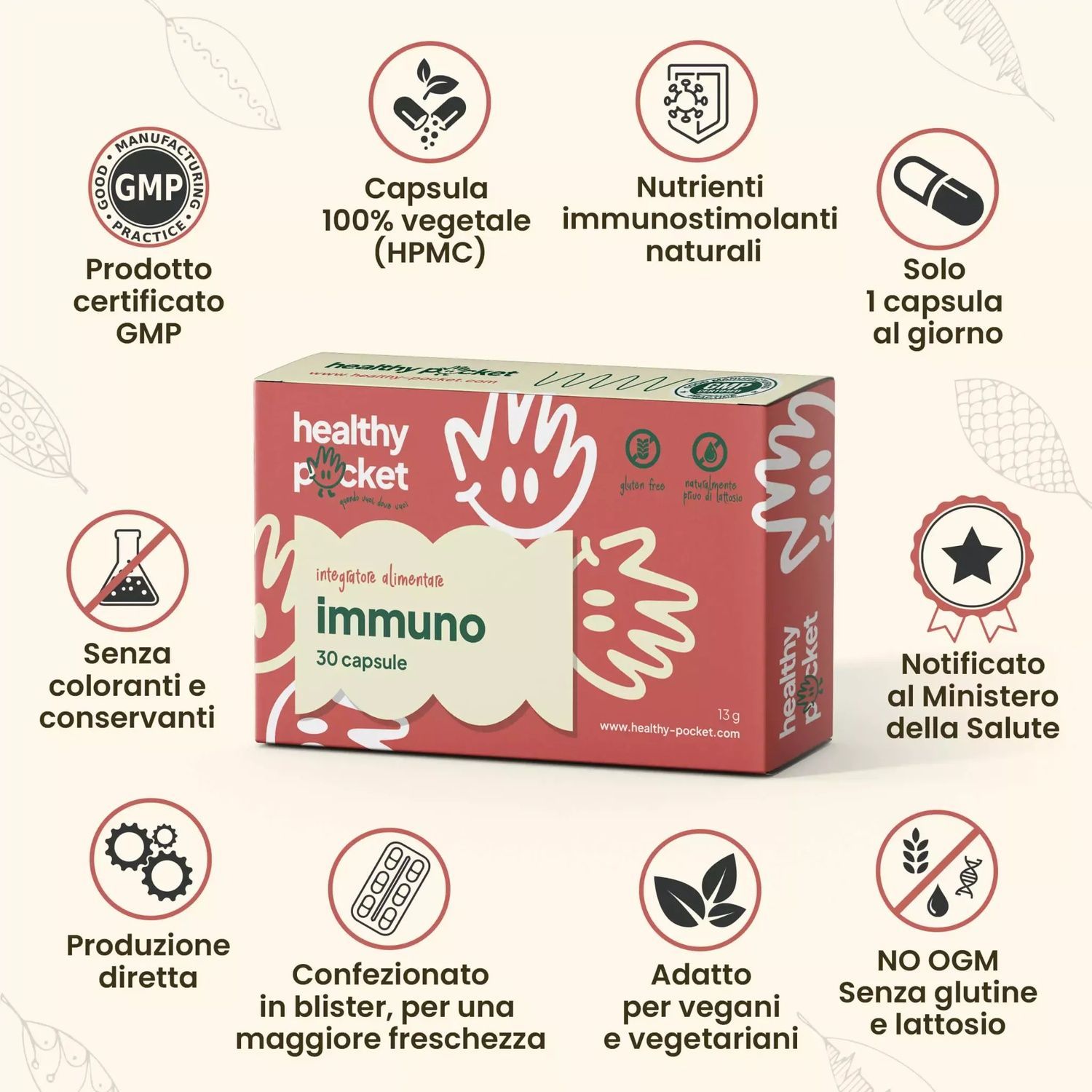 Confezione Immuno con sigillo GMP, capsule vegetali, immunostimolanti naturali.