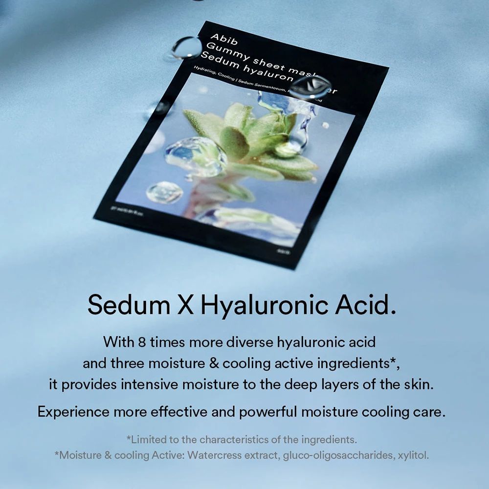 Abib Gummy Sheet Mask Sedum Hyaluron Sticker con testo sull'acido ialuronico.