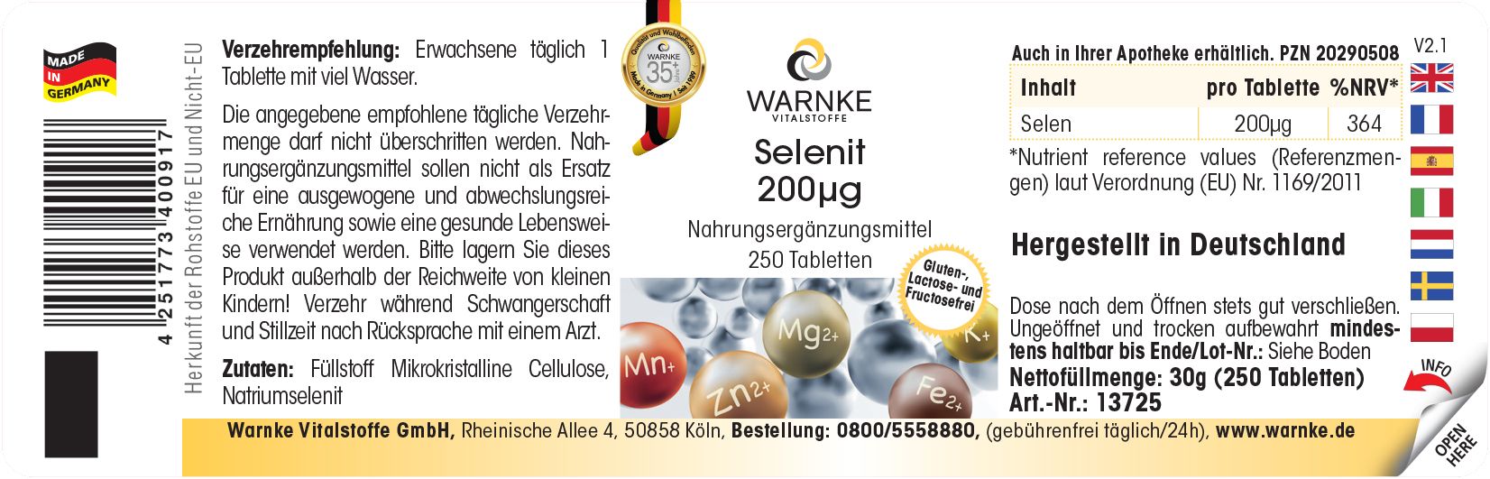 Etichetta con informazioni sul prodotto. Scritta: Warnke Selenit 200µg. 250 compresse. Prodotto in Germania. Con certificazione.