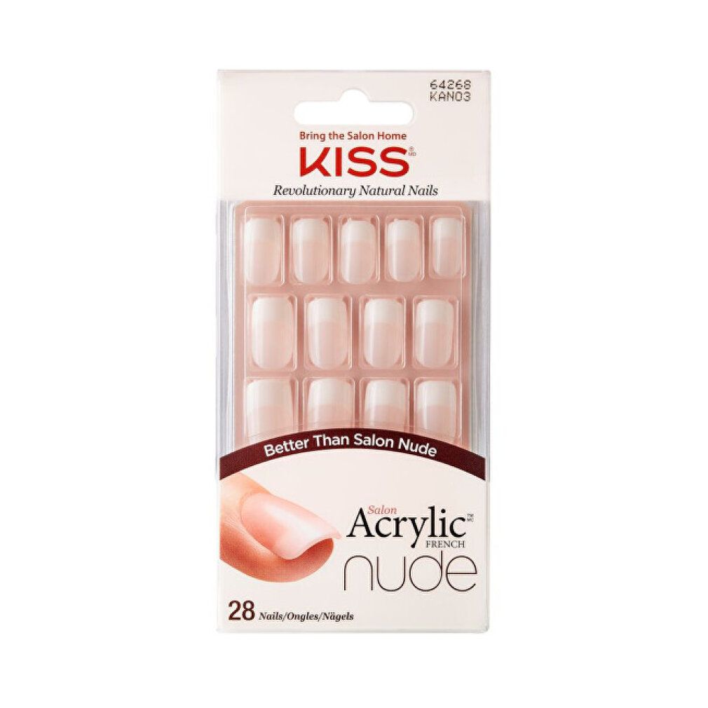 Unghie KISS Salon Acrylic Nude French. 28 pezzi nella confezione. Scritta: Revolutionary Natural Nails.