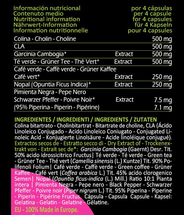 Informazioni nutrizionali su sfondo nero. Elenco ingredienti e quantità per capsula. Testo multilingue.