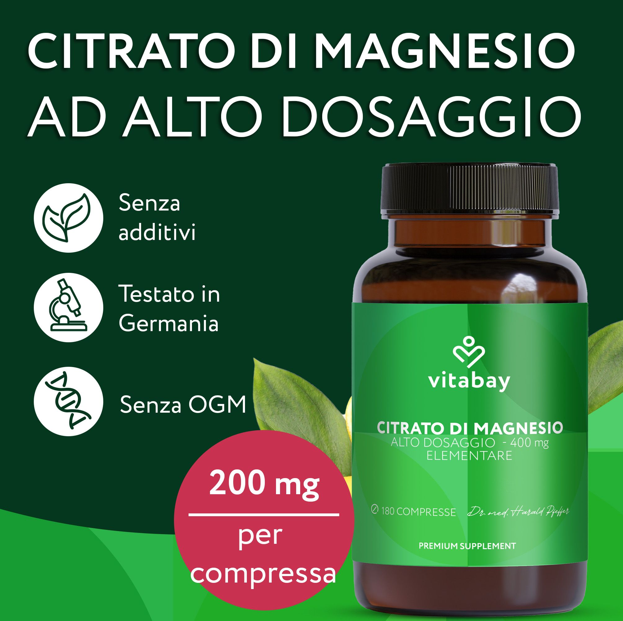 Vitabay Magnesio citrato 400 mg: flacone con indicazioni.