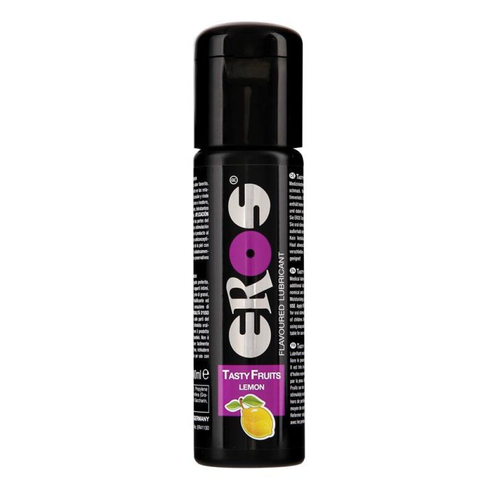 Lubrificante Eros Tasty Fruits Limone, flacone nero. Accento viola nel logo. Illustrazione di limone in basso.