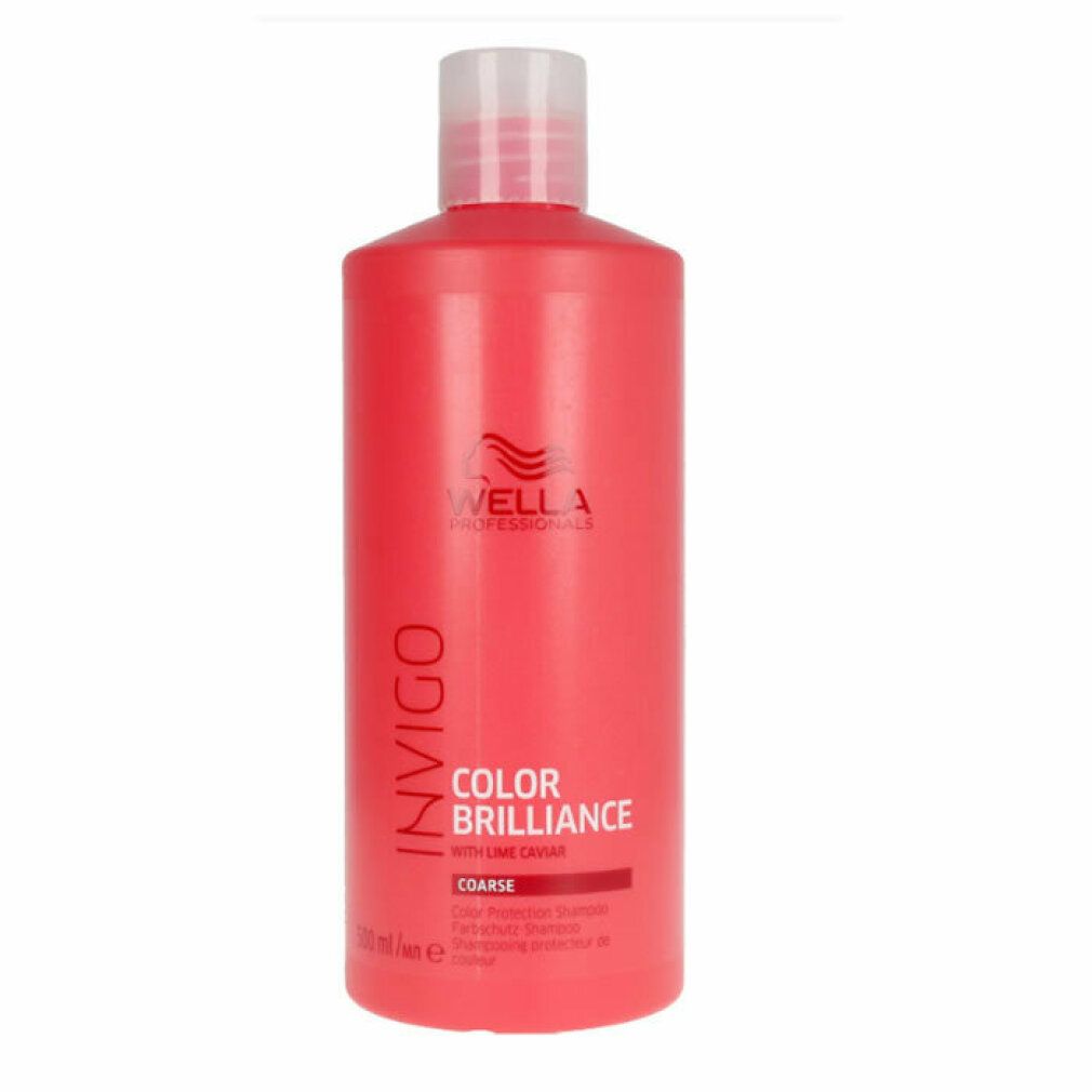 Flacone di shampoo rosso con tappo bianco. Scritte: INVIGO, COLOR BRILLIANCE, COARSE. Marchio: WELLA.
