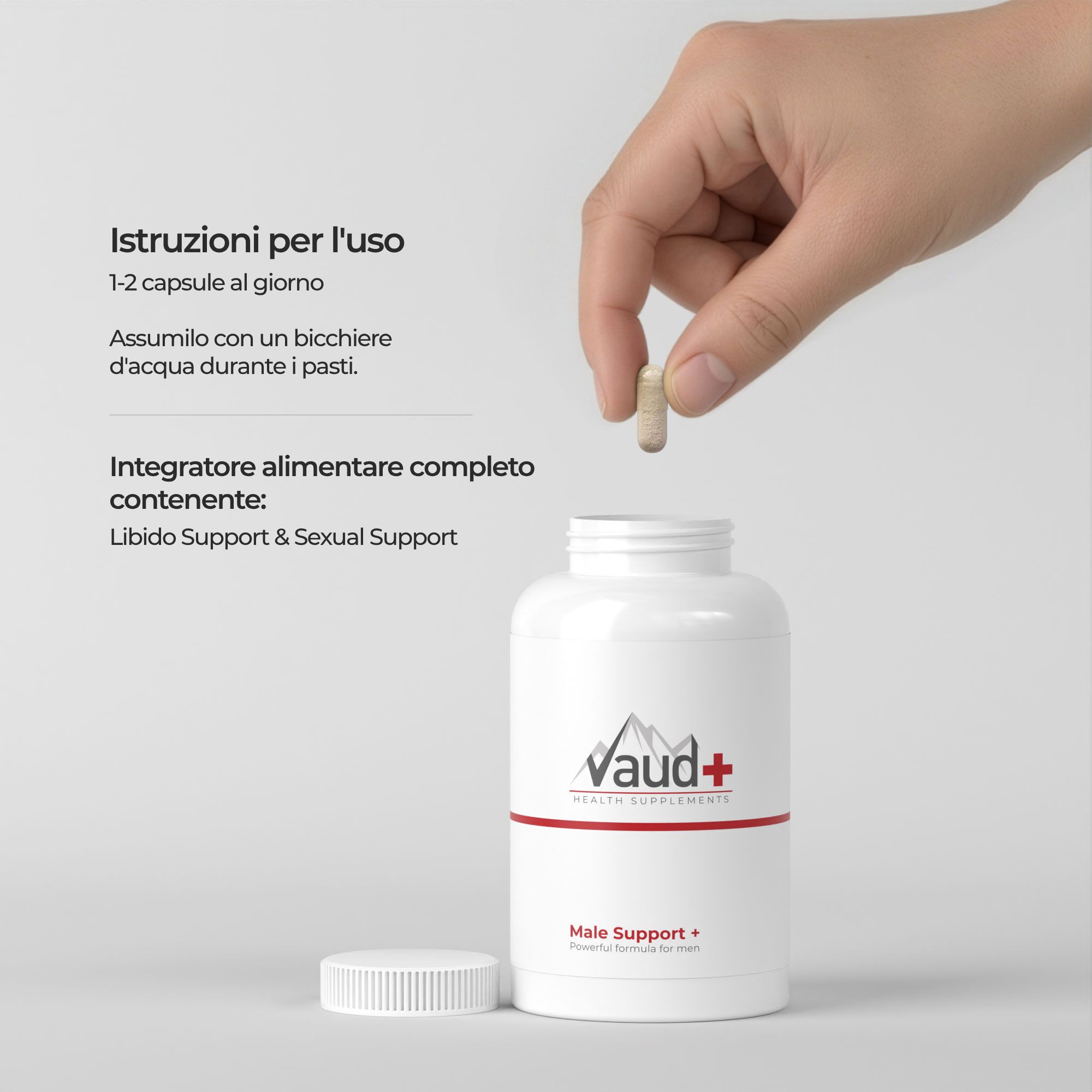 Mano mette capsula in flacone. Testo: Uso: 1-2 capsule al giorno. Integratore alimentare.