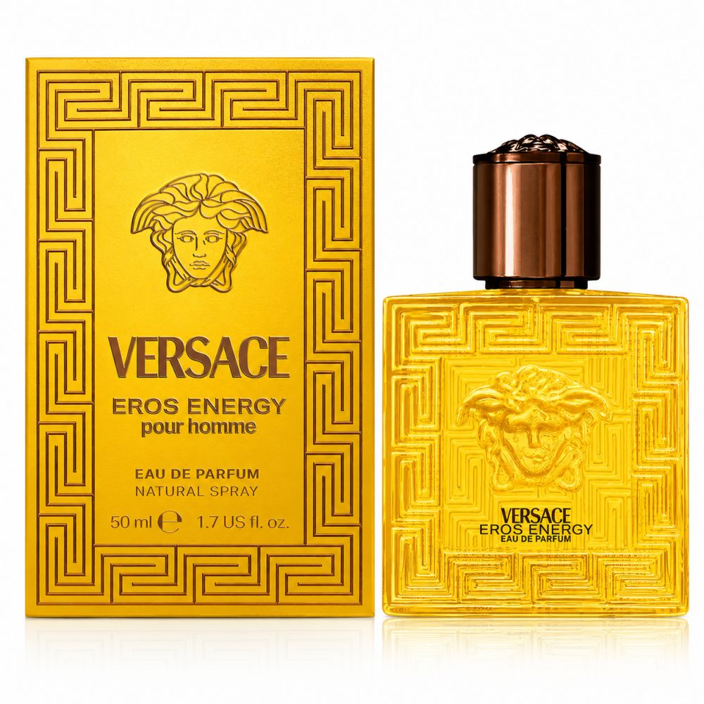 Flacone e confezione Versace Eros Energy Eau de Parfum, dorati con motivo Medusa.