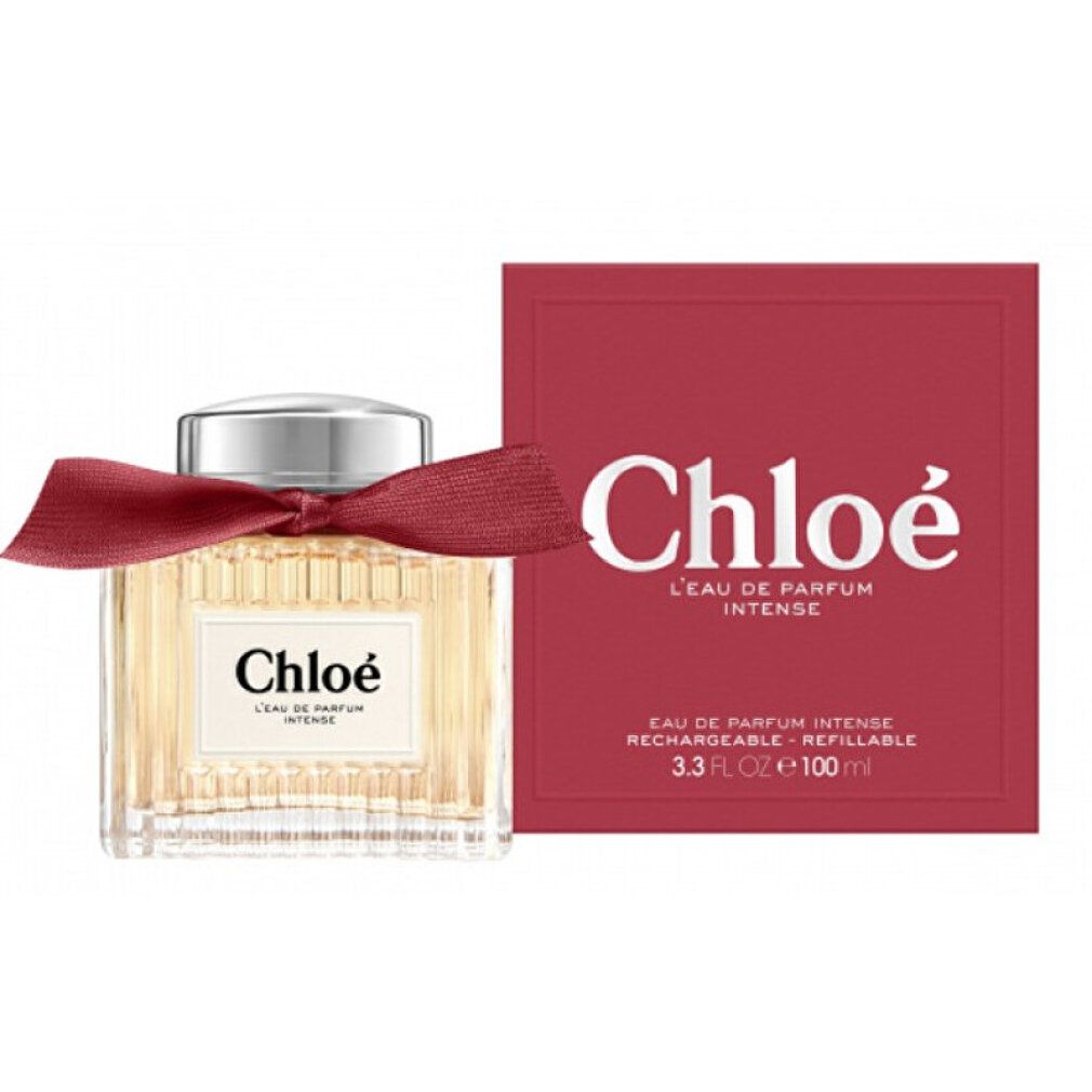 Flacone Chloé L'Eau de Parfum Intense accanto a una scatola regalo rossa, 100ml.