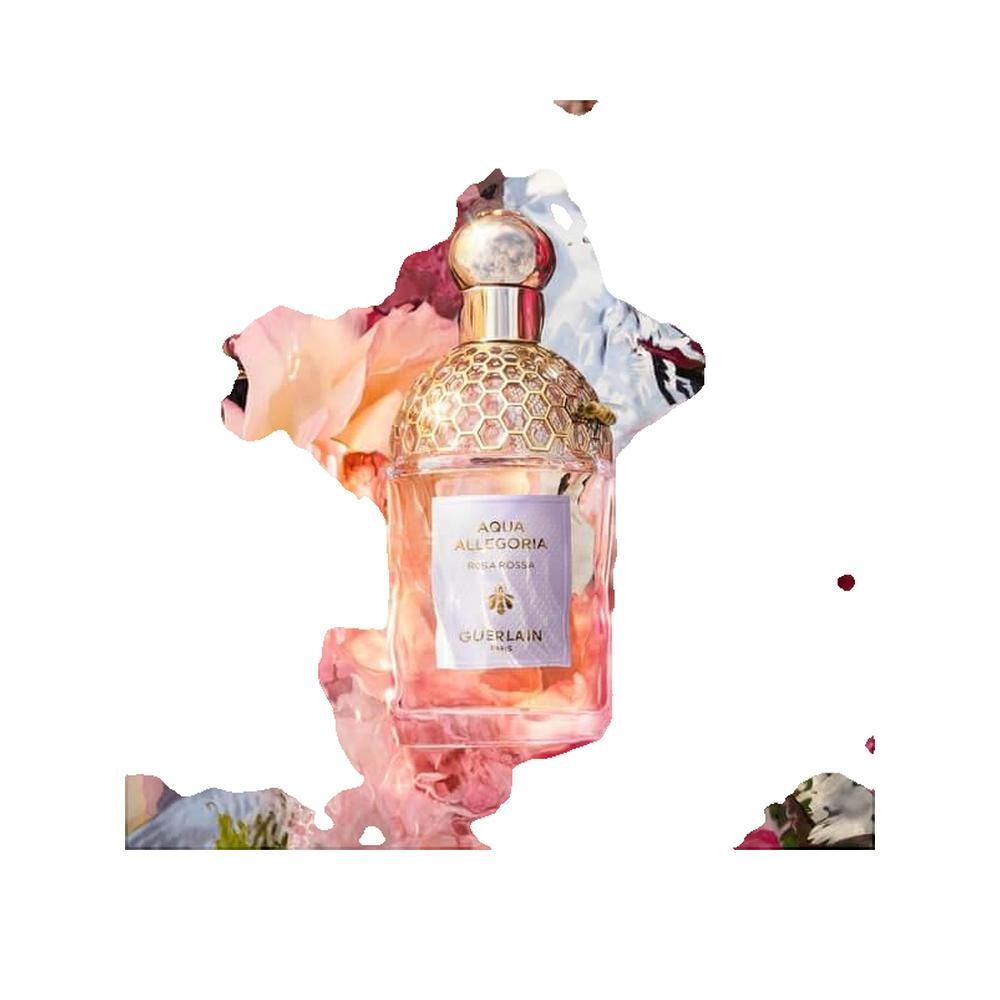 Flacone di profumo con tappo dorato ed etichetta. L'etichetta riporta "Aqua Allegoria Rosa Rossa" e "Guerlain".