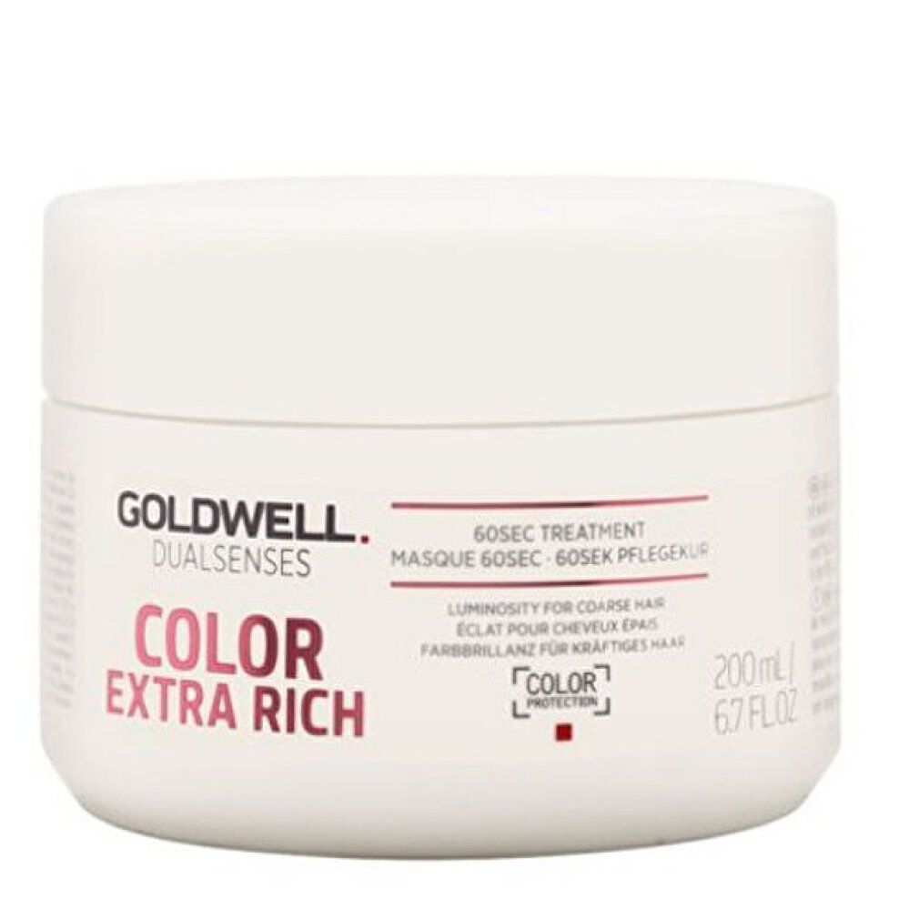 Vasetto bianco con coperchio. Scritta: GOLDWELL DUALSENSES COLOR EXTRA RICH. 200ml. Punto rosso.