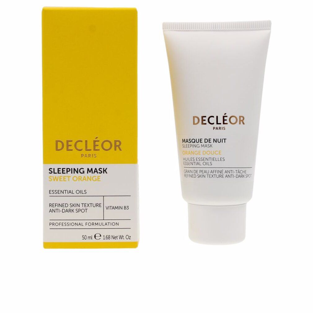 Tubo bianco e scatola gialla. Scritte: Decleor, Sleeping Mask, Orange Douce, Refined Skin Texture, Anti-Dark Spot, 50 ml.