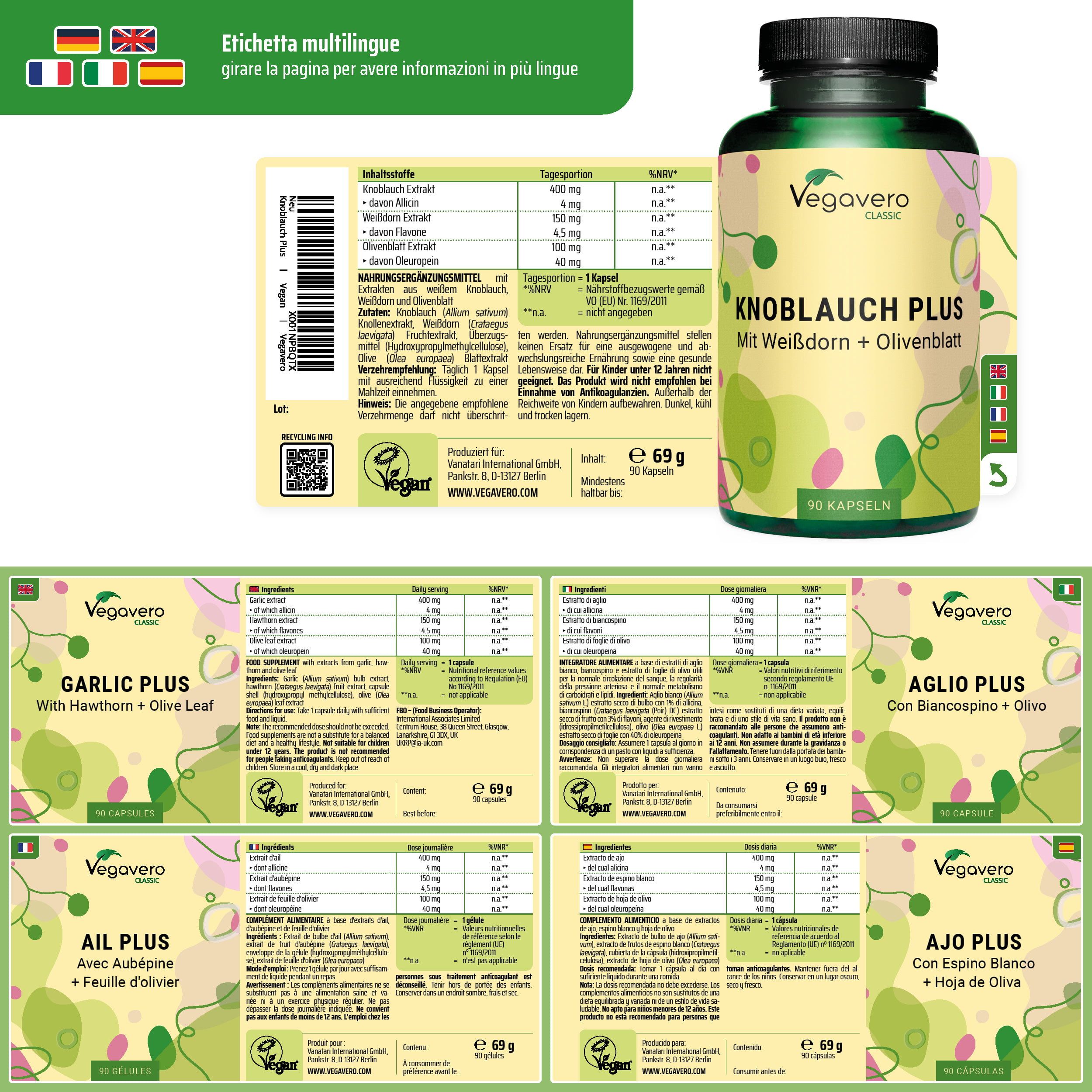 Etichetta multilingue con informazioni in più lingue. Bottiglia di Knoblauch Plus.