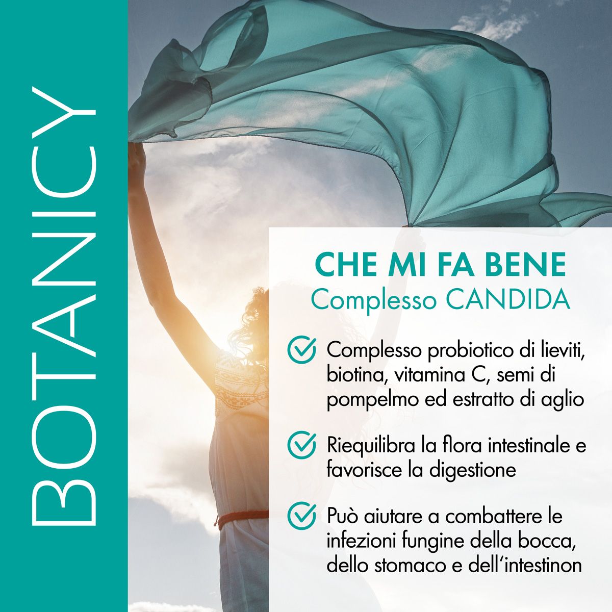 Immagine promozionale per Botanicy Complesso CANDIDA. Testo con vantaggi: lievito probiotico, biotina, vitamina C, semi di pompelmo, estratto di aglio.