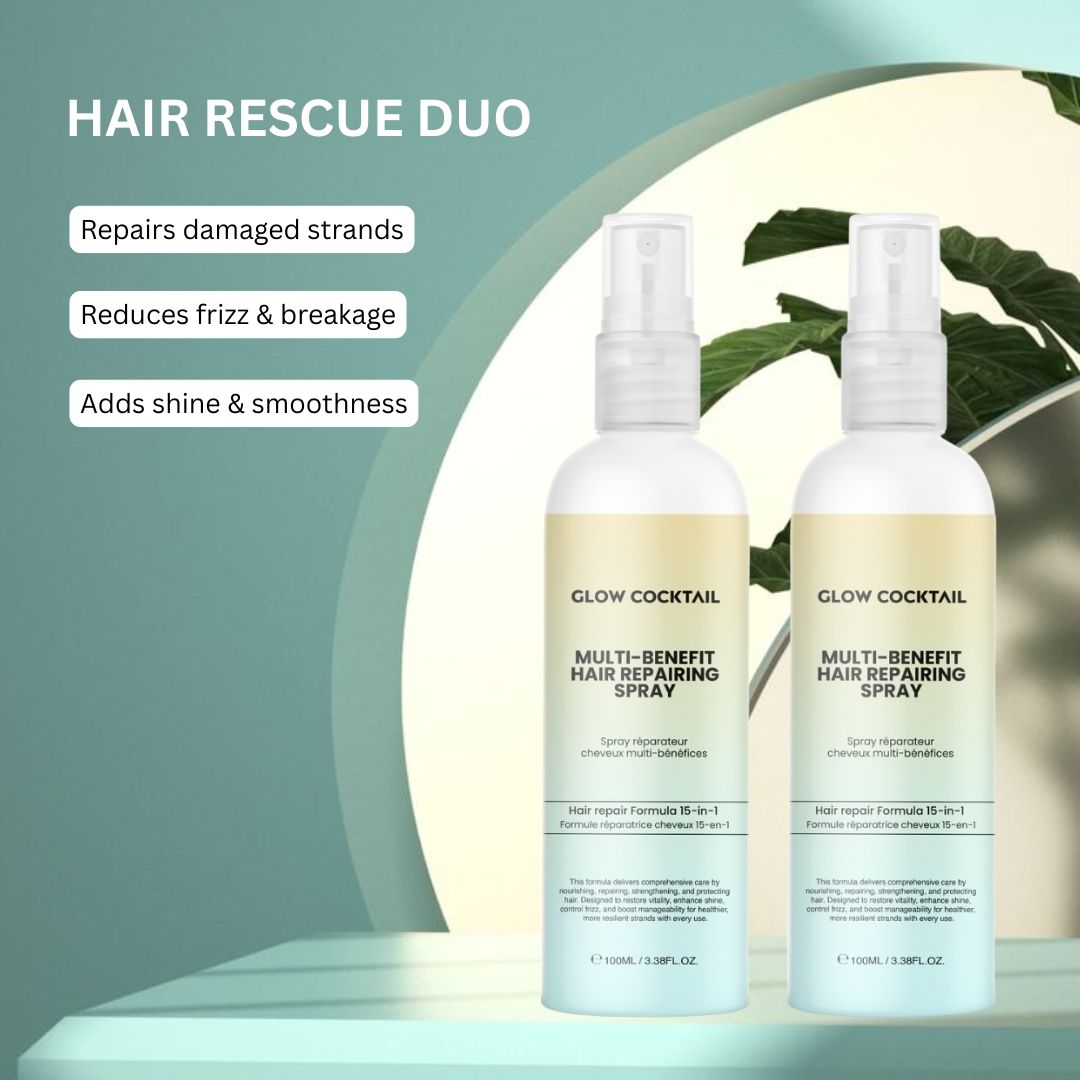 Due flaconi spray. Scritta: Glow Cocktail, Multi-Benefit Hair Repairing Spray. Testo: Hair Rescue Duo. Sfondo verde.