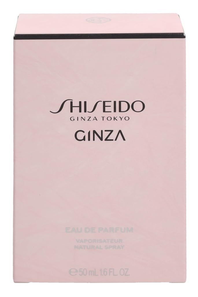 Scatola rosa con logo Shiseido Ginza. Testo: Eau de Parfum, Vaporisateur, Natural Spray, 50 ml.