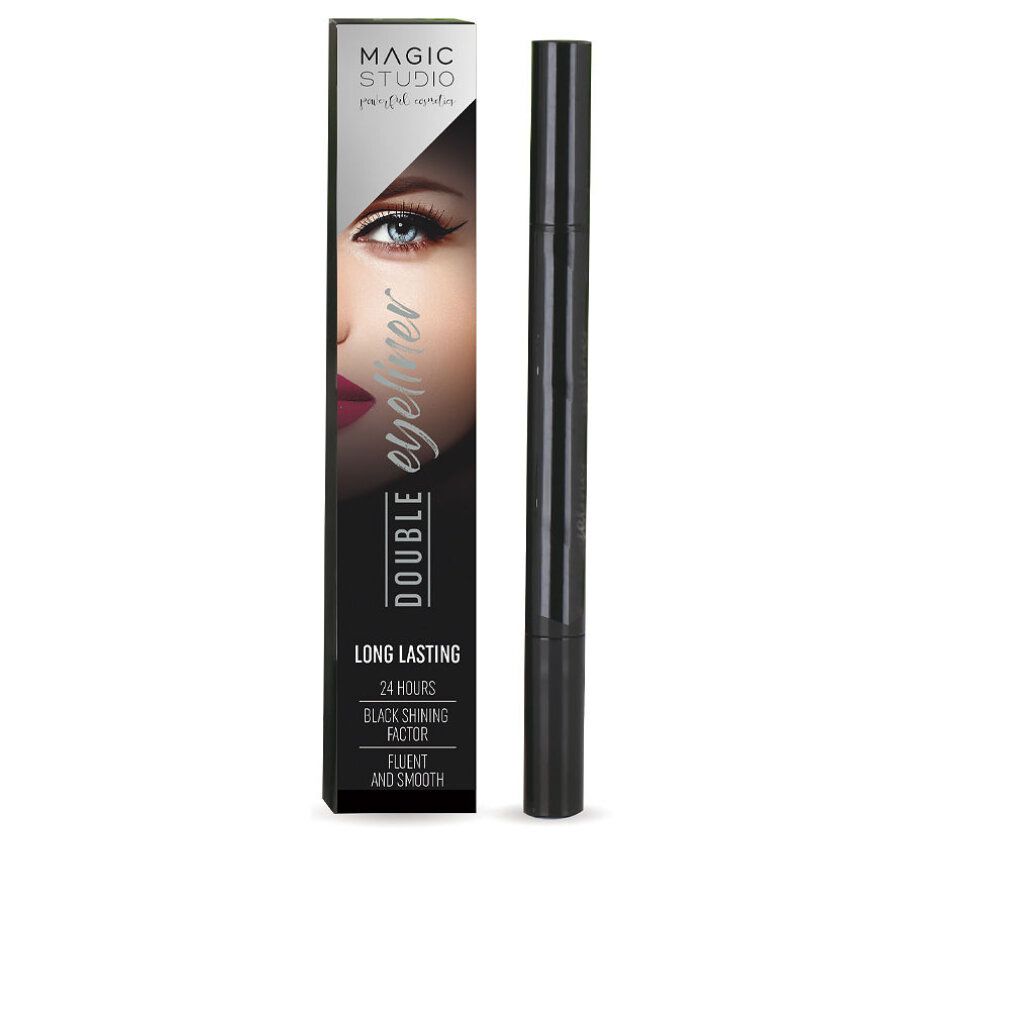 Eyeliner doppio e confezione. Pennarello eyeliner nero a doppia punta. Confezione con nome del prodotto e volto di modella.