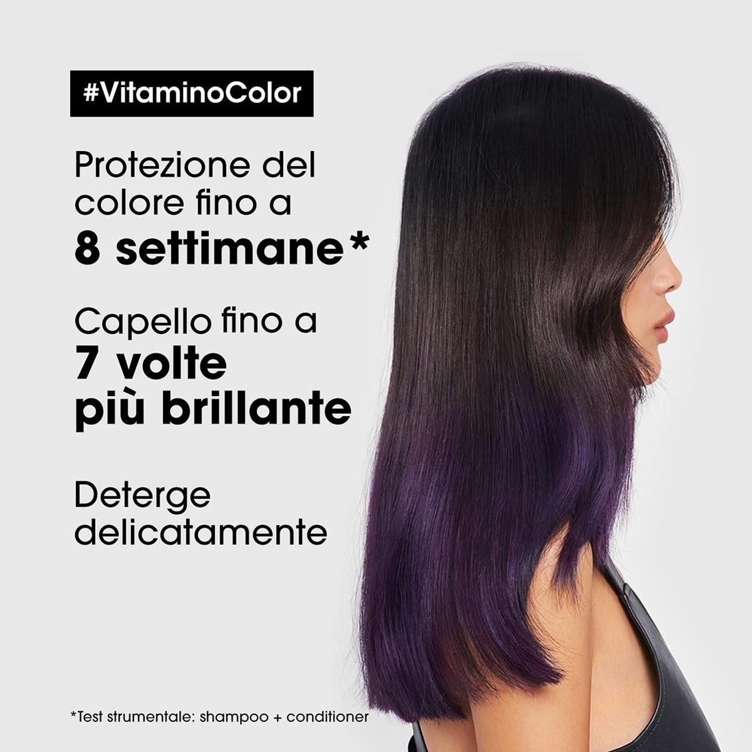 Capelli con punte viola. Testo: Protezione del colore fino a 8 settimane, capelli più brillanti.