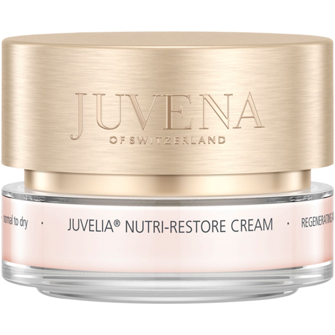 Vasetto di crema con coperchio dorato. Sul coperchio è scritto "JUVENA OF SWITZERLAND". Sotto c'è scritto "JUVELIA NUTRI-RESTORE CREAM".