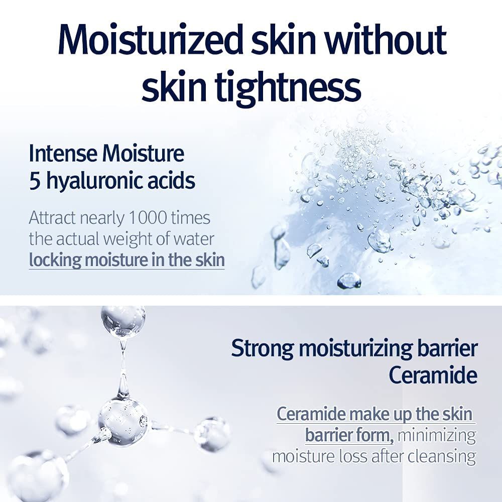 Testo e illustrazione di molecole. Testo: Intense Moisture 5 hyaluronic acids, Ceramide make up the skin barrier.
