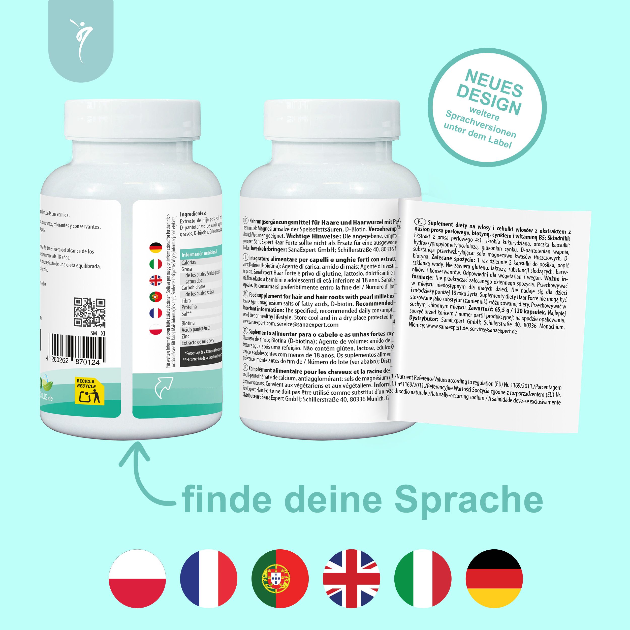 Vista posteriore di due flaconi di capsule SanaExpert Haar Forte con etichette multilingue e bandiere.