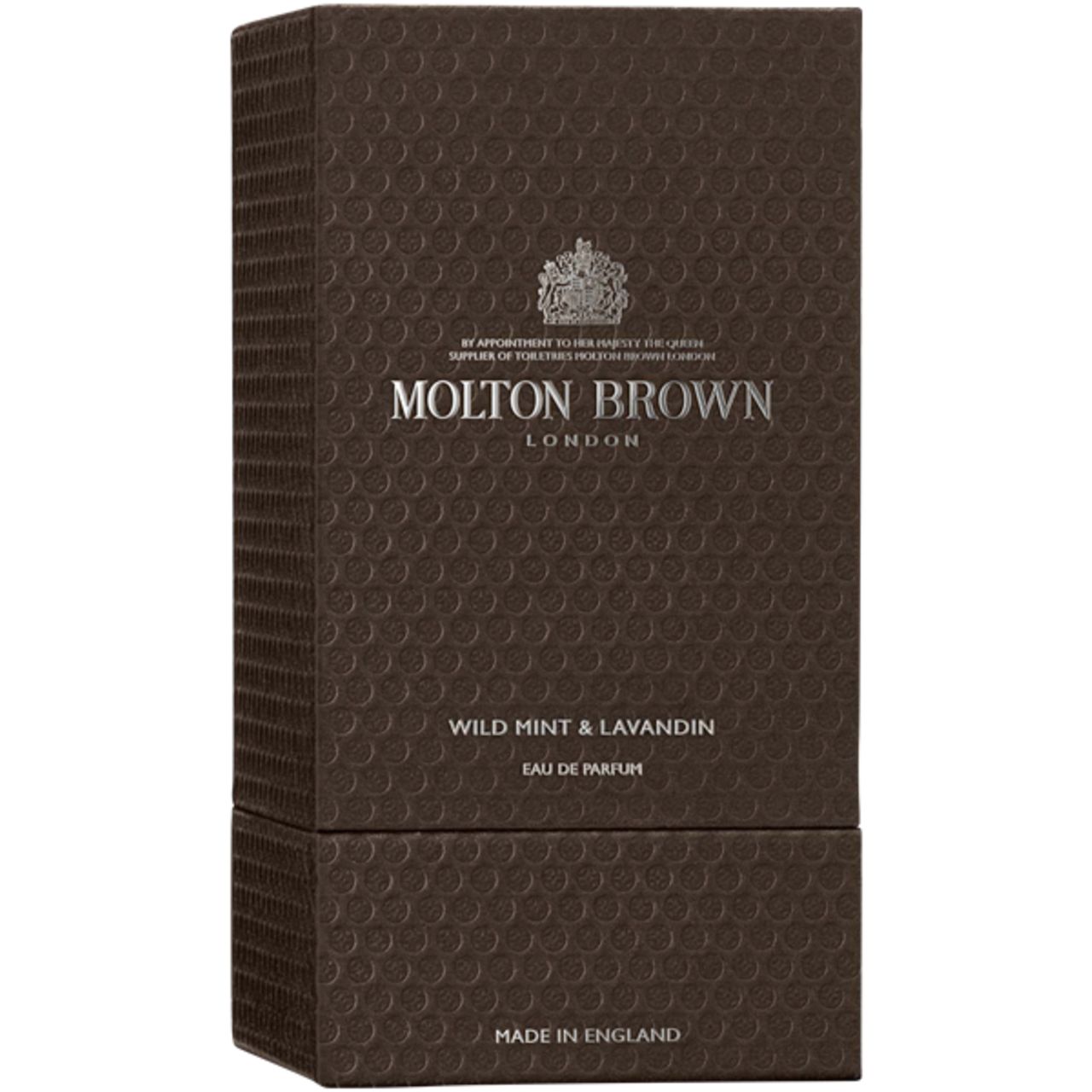 Confezione marrone con motivo in rilievo. Scritta: Molton Brown, Wild Mint & Lavandin, Eau de Parfum. Made in England.