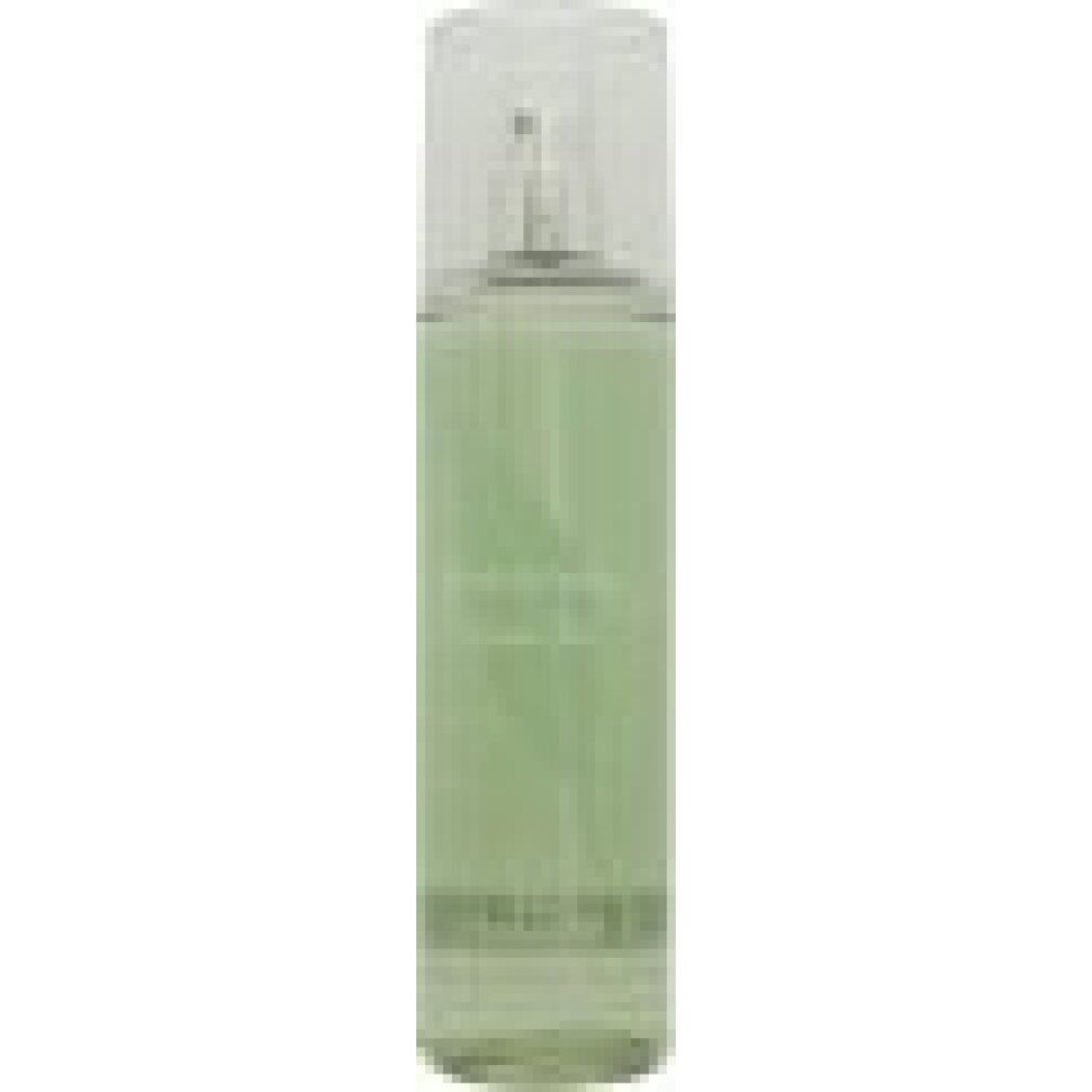 Spray profumato verde con erogatore e tappo. Contenitore trasparente.