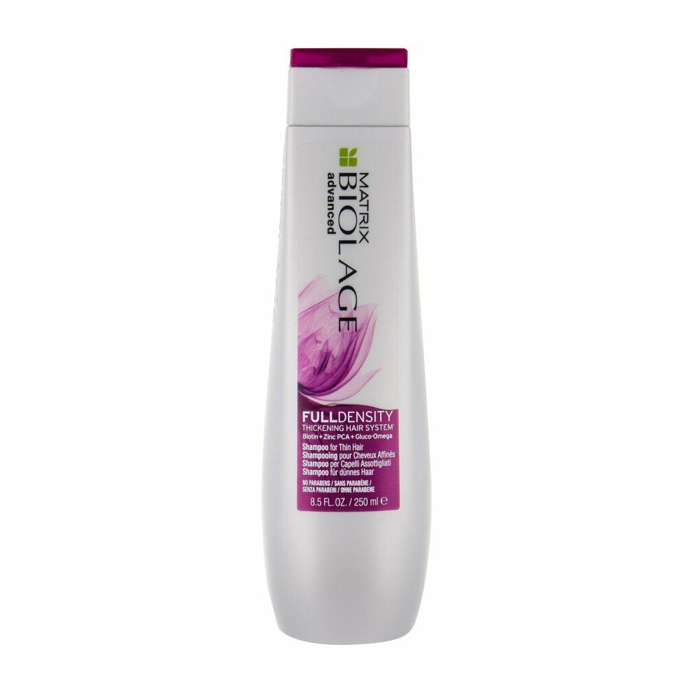Flacone di shampoo con tappo rosa. Scritta: Matrix Biolage FullDensity. 250 ml.