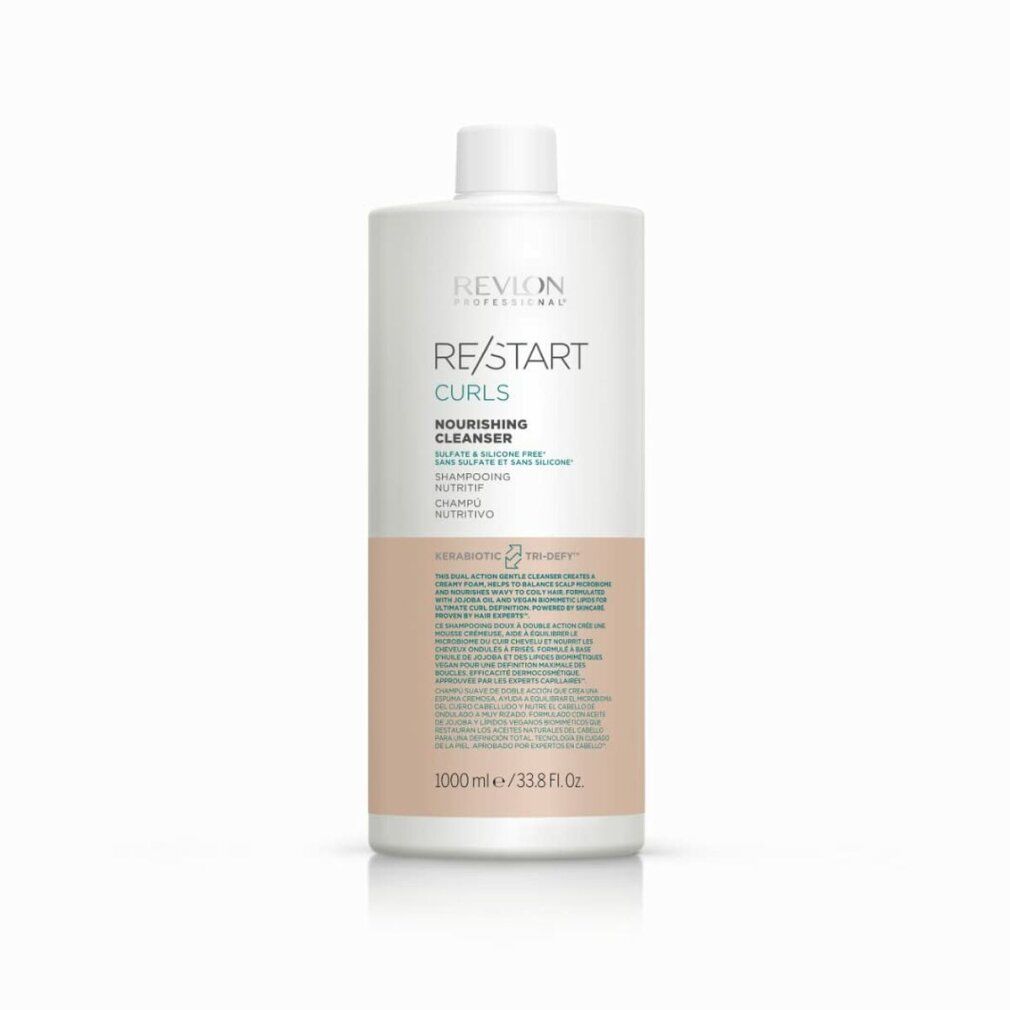 Flacone bianco con tappo a vite. Scritta Revlon Re-Start Curls. Testo in inglese e spagnolo. Striscia beige.