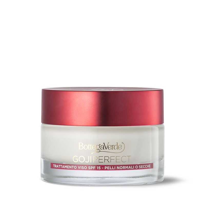 Vasetto di crema con coperchio rosso. Scritta: Bottega Verde, Goji Perfect, Trattamento viso SPF 15 - pelli normali o secche.