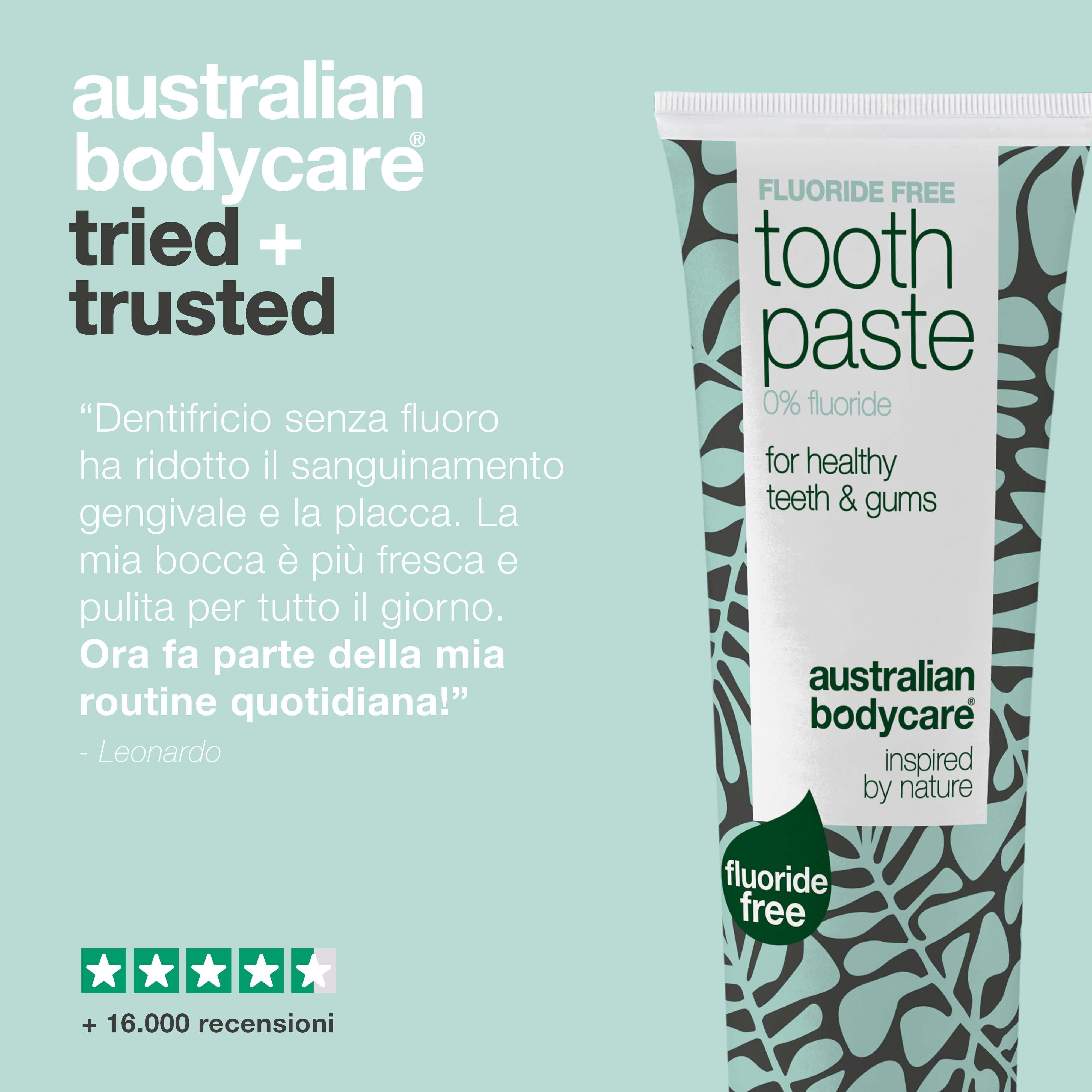Tubo di dentifricio. Scritta: Fluoride Free, Toothpaste, 0% fluoride, per denti e gengive sani. Testo: Recensioni e stelle.